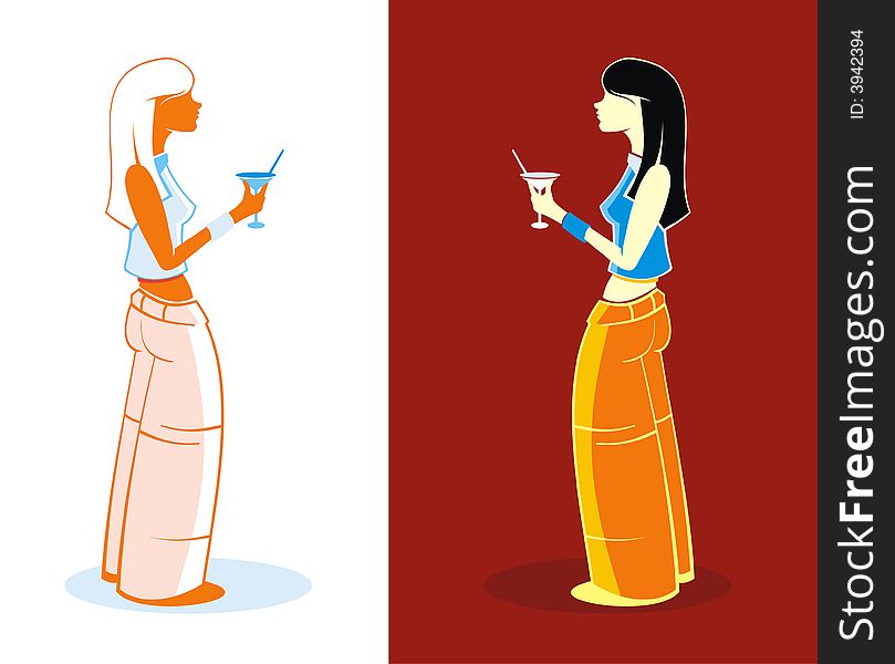 Young girl with cocktail. Vector