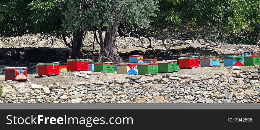 A Row of colourful bee Hives in Thassos, Greece