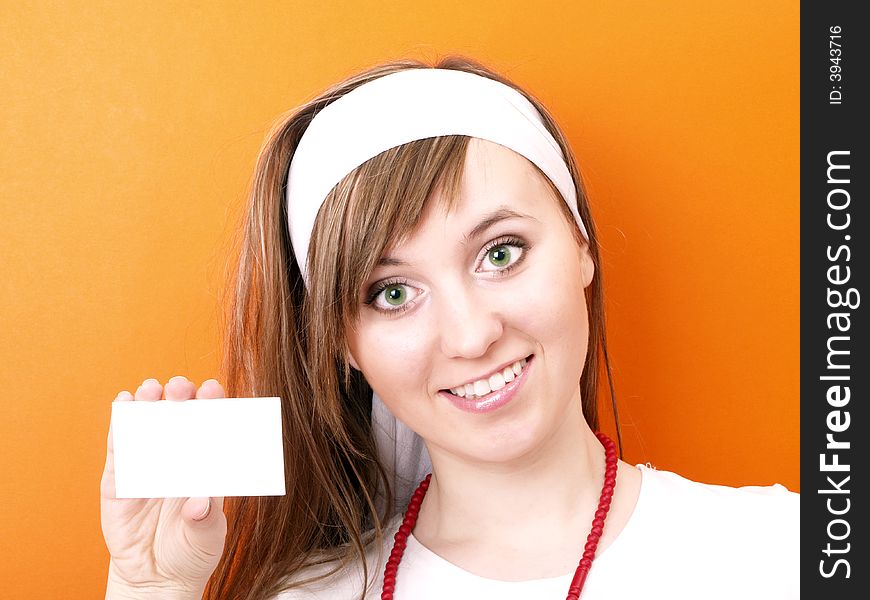 Woman with white business card. Woman with white business card.