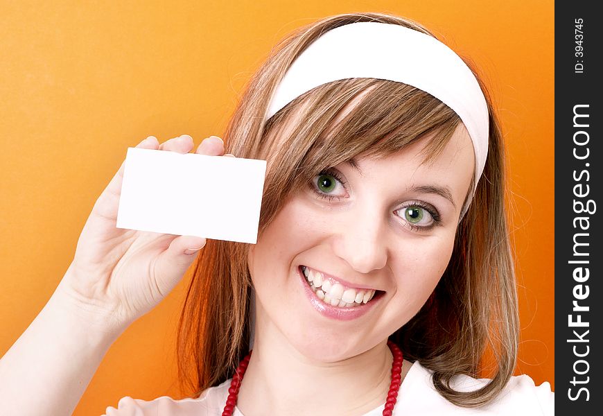 Woman with white business card. Woman with white business card.