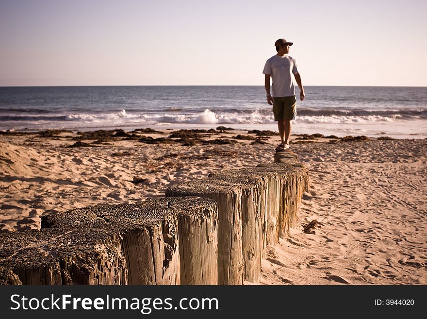 A man stands on the wooden stumps leading towards the water | very shallow depth of field with focus on wood in foreground. A man stands on the wooden stumps leading towards the water | very shallow depth of field with focus on wood in foreground