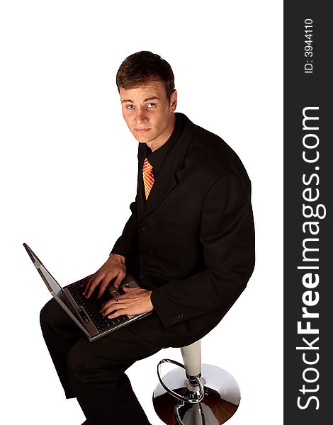 Business man in suit with laptop isolated. Business man in suit with laptop isolated
