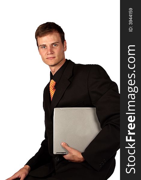Business man with closed pc in his arms