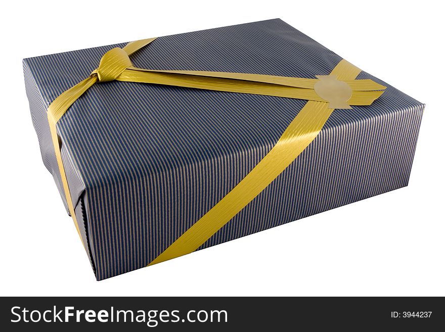 Closeup of Present and golden ribbon with copyspace isolated over white background