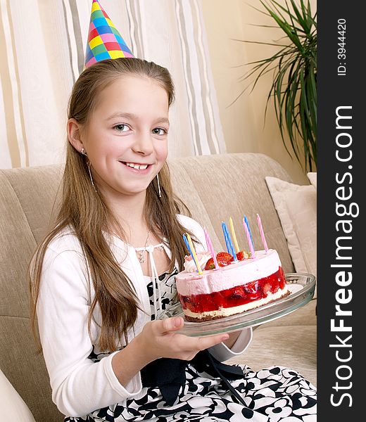 Little girl with birthday cake. Little girl with birthday cake