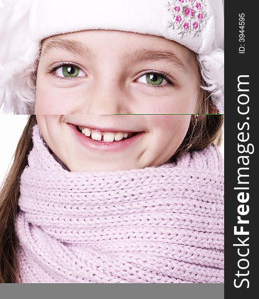 Closeup of girl, wearing wool winter hat and scarf