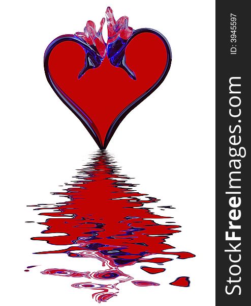 Red heart is reflected in water. Red heart is reflected in water