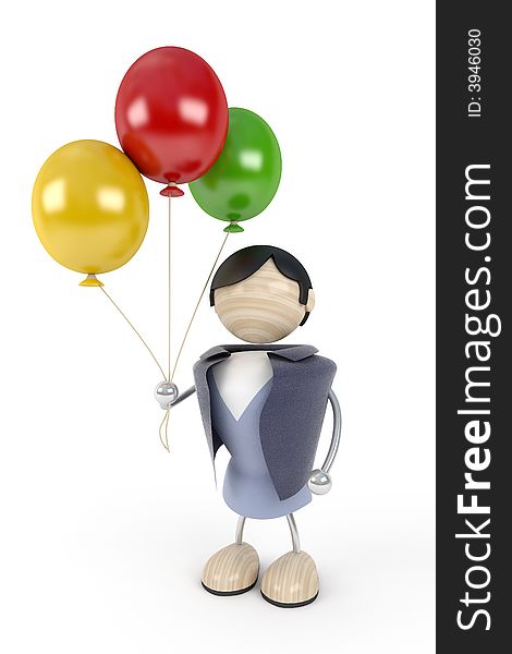 Boy stands with the balloons, white background, abstract