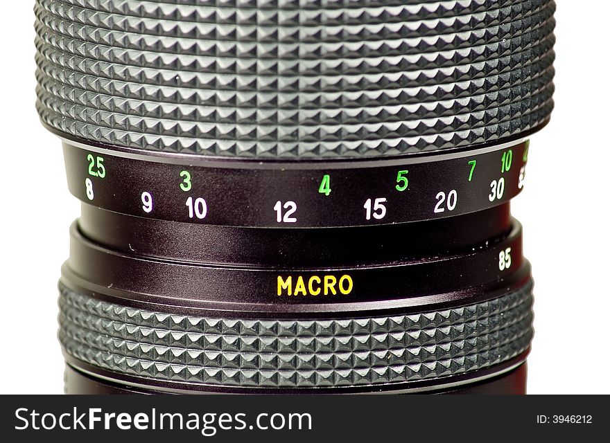 Image of a black macro camera lens isolated on white