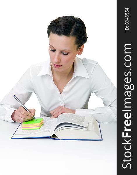 Happy young woman reading books - isolated