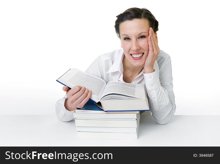 Happy young woman reading books - isolated