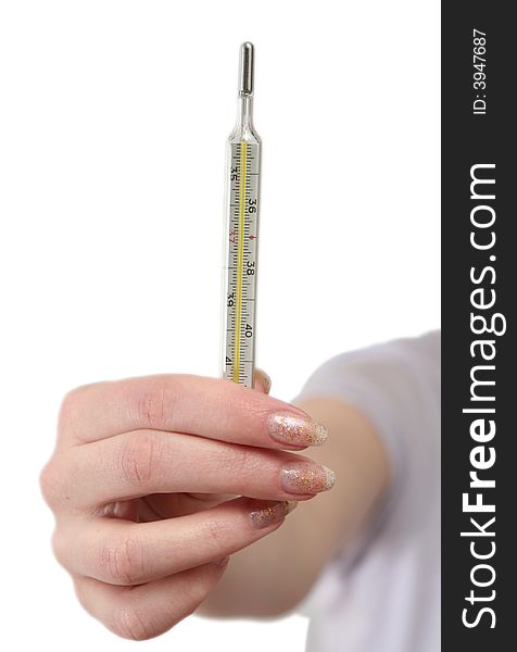 Thermometer in a female hand on a white background