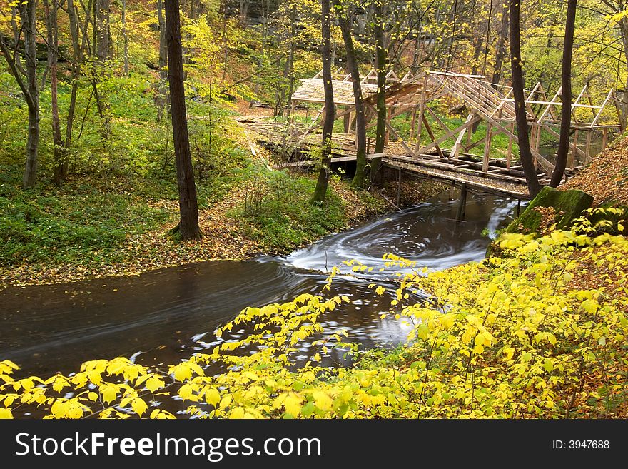 An image of a footbridge in autumn forest