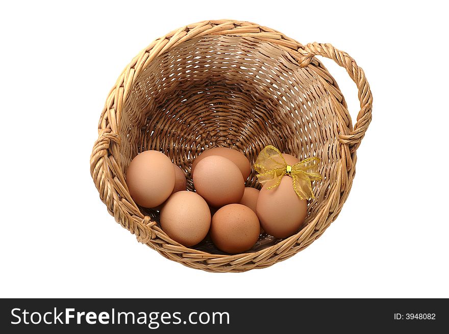 Few eggs in a basket with decorated one