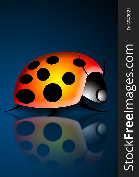 Illustration of a lady bug crawling on a table with reflection. Illustration of a lady bug crawling on a table with reflection