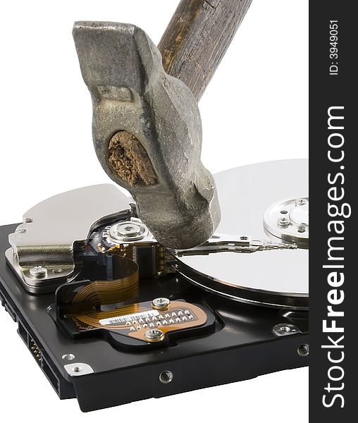 Hard disk for computer without covers under hammer. Hard disk for computer without covers under hammer