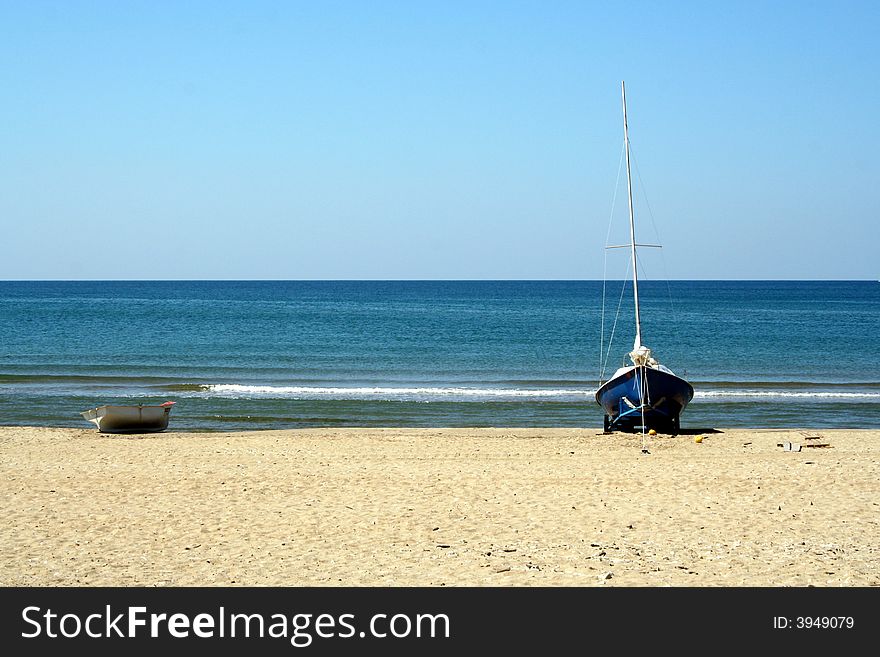Seascape with sailboat and boat. Seascape with sailboat and boat