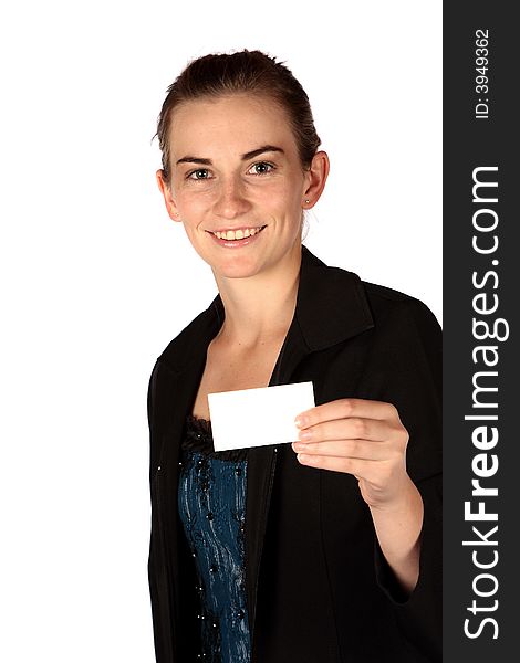 Business woman presenting her business card isolated