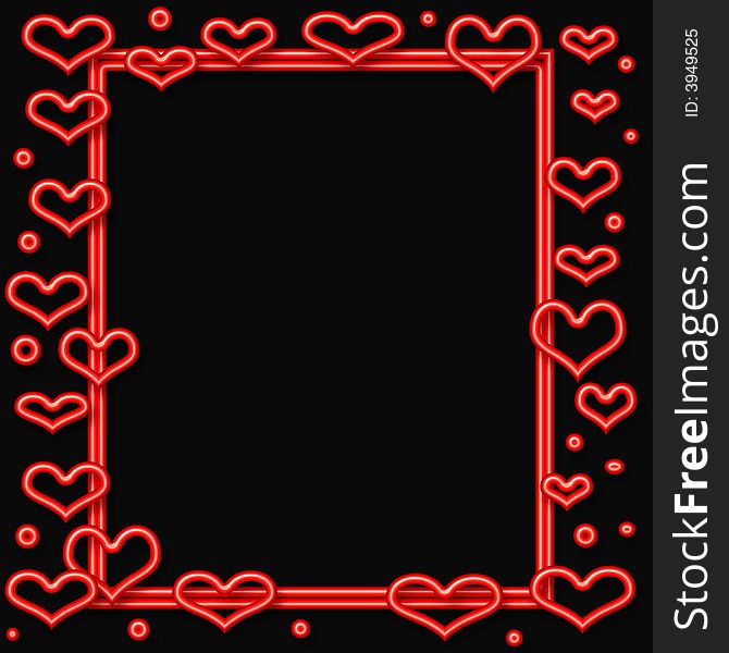 valentine red neon  hearts frame  on cutout  center. valentine red neon  hearts frame  on cutout  center