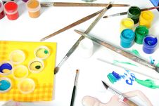 Tools Of The Artist: Paints, Brushes And A Paper Royalty Free Stock Photos