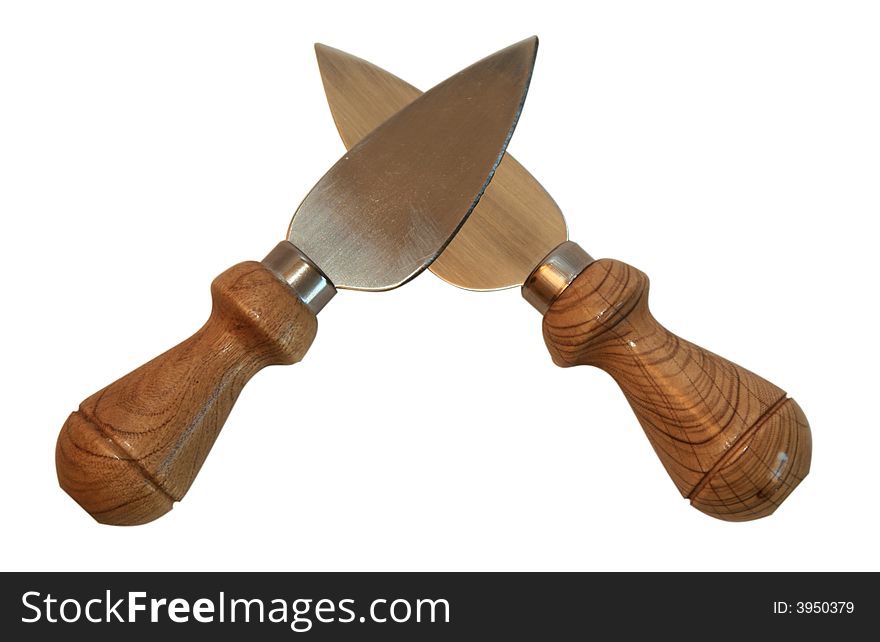 Two knifes with the wooden handle on a white background