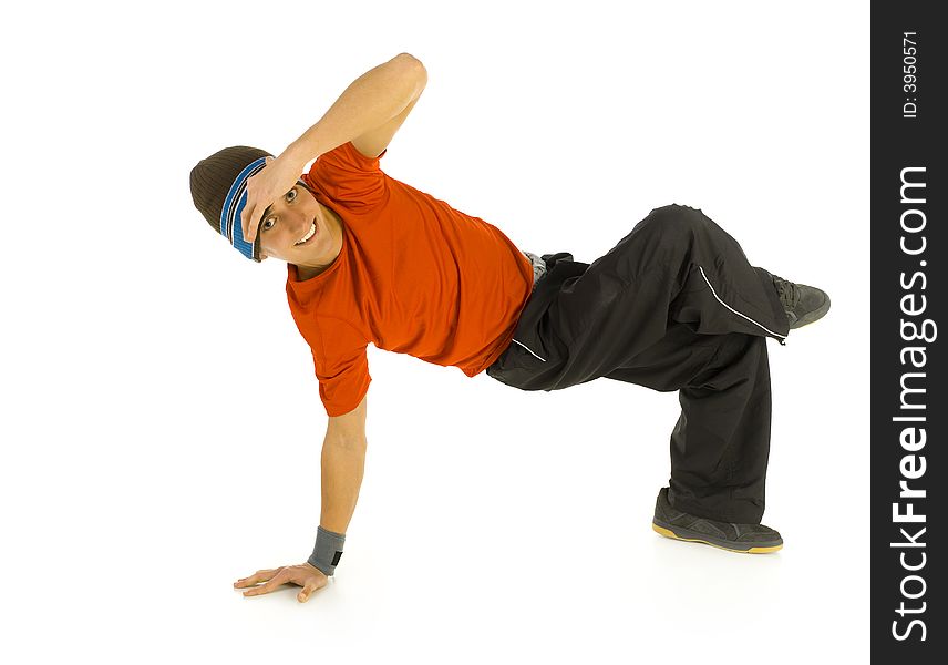 Young, happy bboy holding up on hands and head. Looking at camera and smiling. Isolated on white in studio. Side view, whole body. Young, happy bboy holding up on hands and head. Looking at camera and smiling. Isolated on white in studio. Side view, whole body