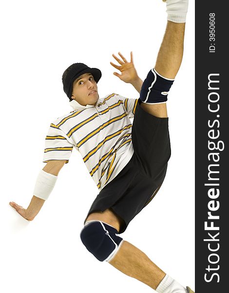 Young bboy standing on hands. Holding legs in air and waving off. Looking at something. Front view, white background. Young bboy standing on hands. Holding legs in air and waving off. Looking at something. Front view, white background