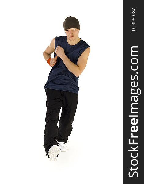 Young, dancing bboy. Looking at camera. Isolated on white in studio. Front view, whole body. Young, dancing bboy. Looking at camera. Isolated on white in studio. Front view, whole body