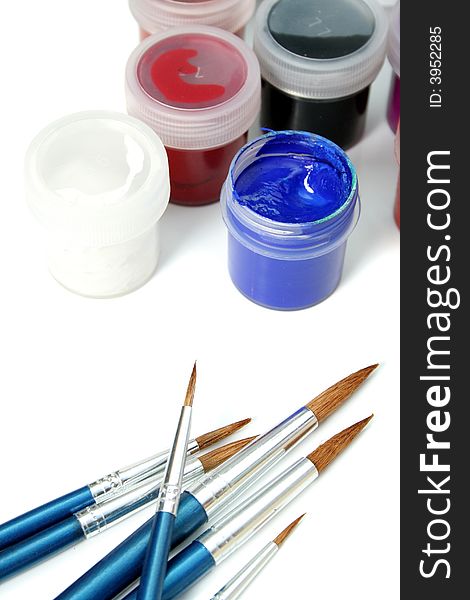 Set Of New Brushes And Gouache Paints