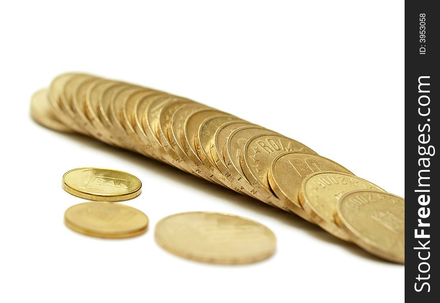 Coins pile on white background isolated change money