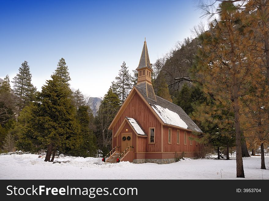 A small church in the forest inside Yosemite National Park. A small church in the forest inside Yosemite National Park