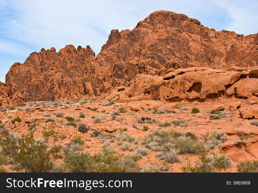 Desert landscape with rock formation in background - Valley of fire SP
