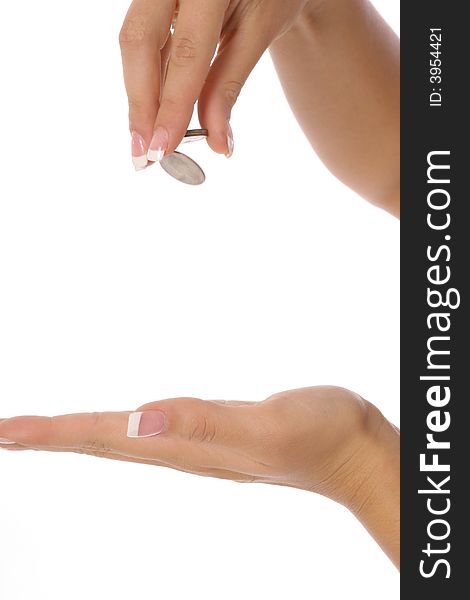 Woman with manicured hands dropping money isolated on white