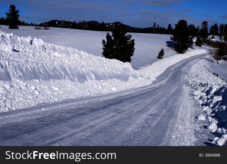 Rural road in winter in central Idaho. Rural road in winter in central Idaho