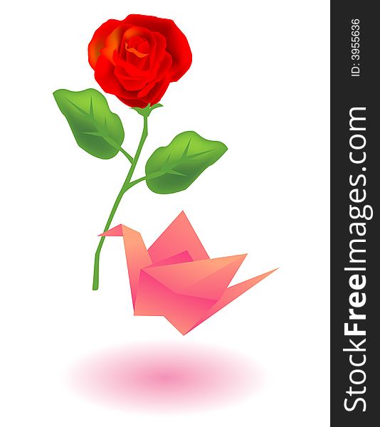 Vector illustration for a paper craft bird sending a rose for lover