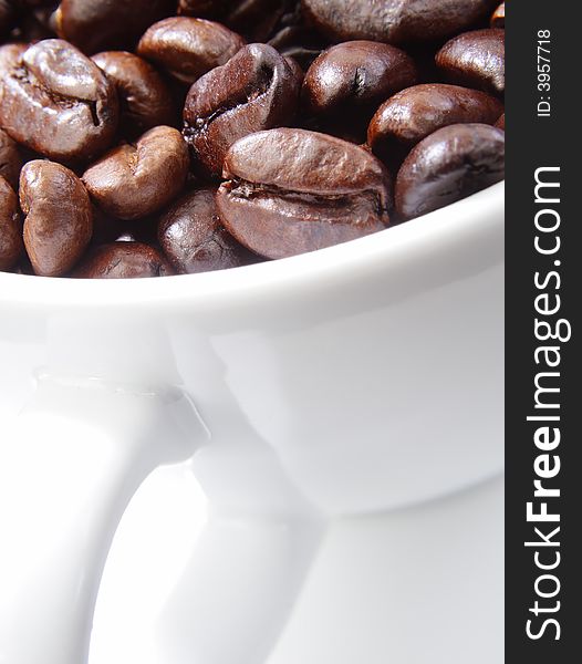 Close up of coffee beans in a white cup. Close up of coffee beans in a white cup.