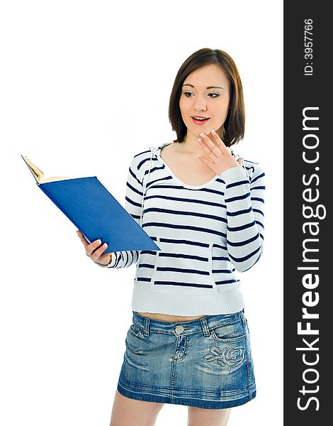 Beauty girl with book on white background