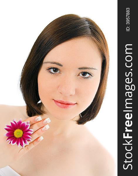 Woman portrait with flower chrysanthemum