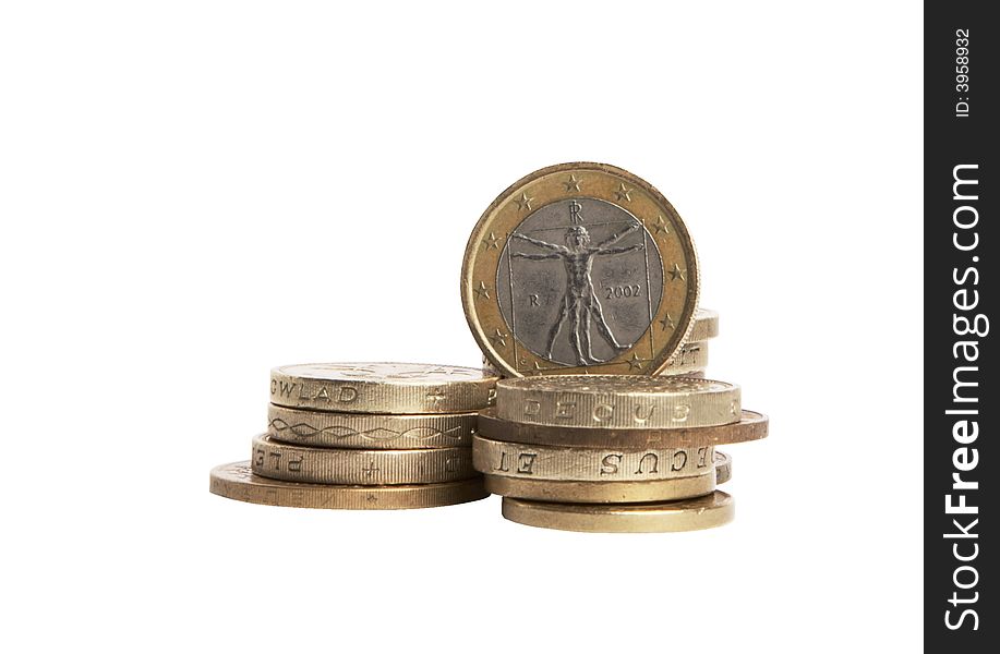 Columns of  coins on  white background. Columns of  coins on  white background