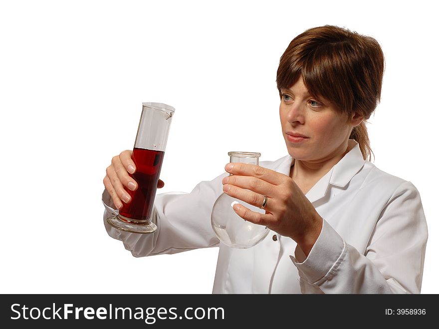 Cute young lady scientist in white coat, holding flask and red liquid, isolated on white. Cute young lady scientist in white coat, holding flask and red liquid, isolated on white