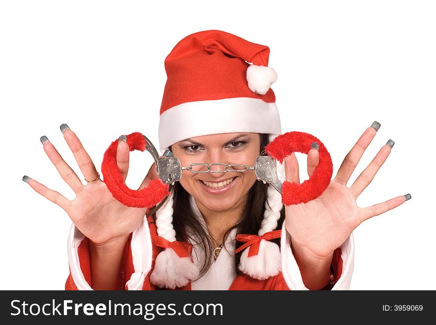 The beautiful girl in suit Santa Claus on a white background. The beautiful girl in suit Santa Claus on a white background