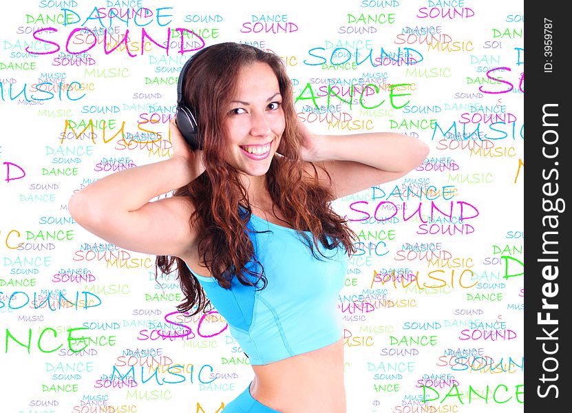 Beautiful girl with headphones on colored background. Beautiful girl with headphones on colored background
