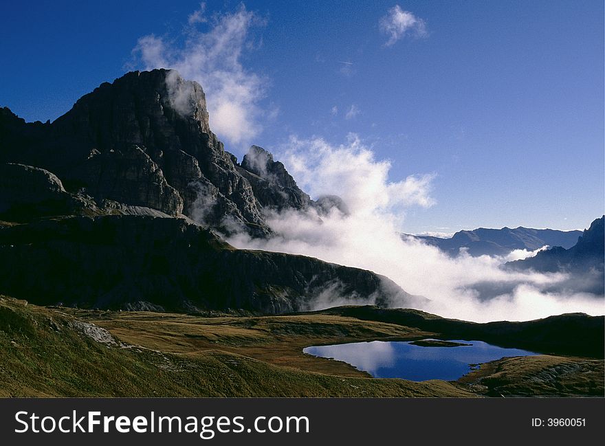 Seston Dolomites, Northern Italy, in the early morning. Seston Dolomites, Northern Italy, in the early morning