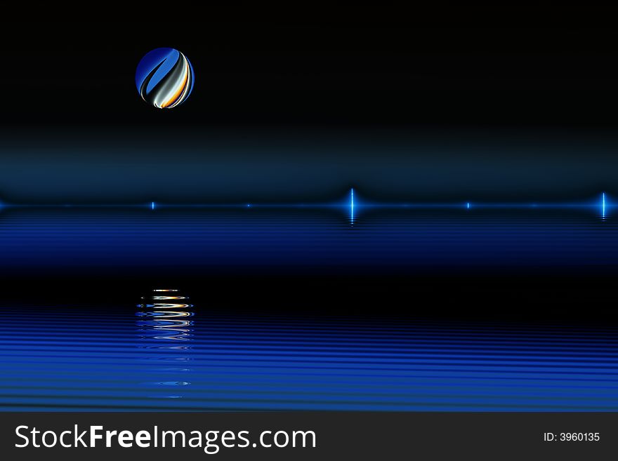 Marble-like moon rises above lake with glowing shoreline (fractal generated). Marble-like moon rises above lake with glowing shoreline (fractal generated)