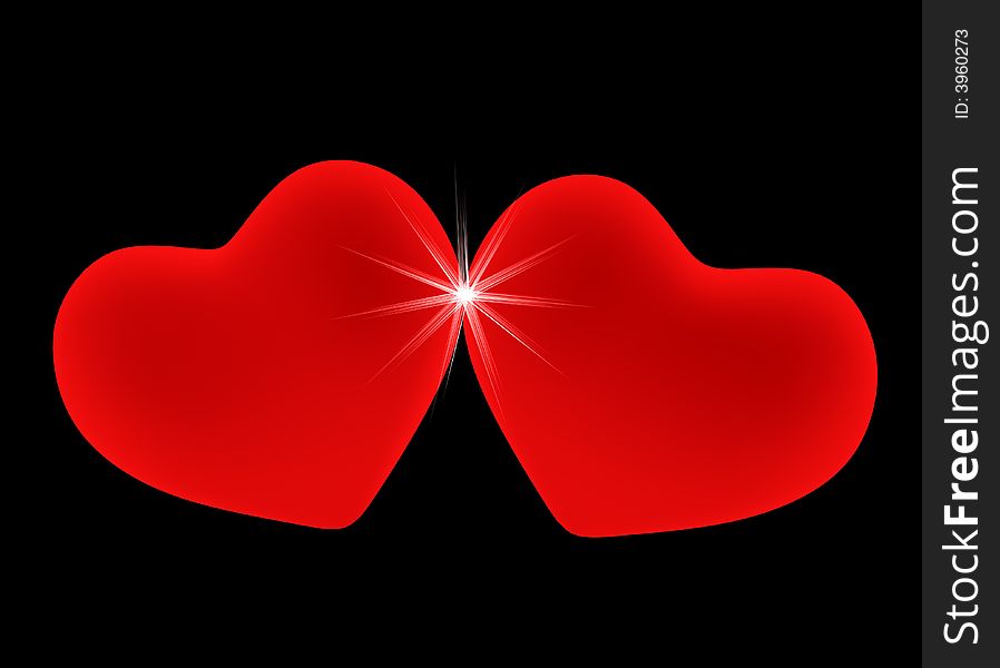 Two 3d red hearts in an environment of shining stars