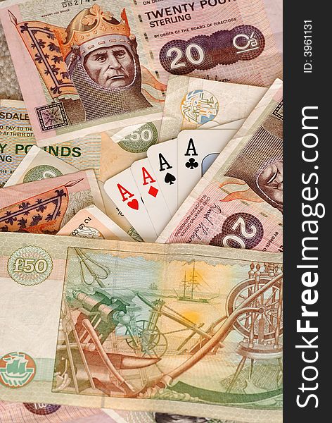 Scottish 10 20 50 pound notes with 4 playing card aces. Scottish 10 20 50 pound notes with 4 playing card aces