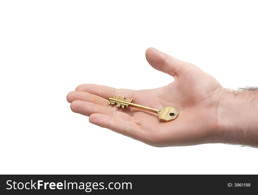 Big door key lying on man's palm. Big door key lying on man's palm