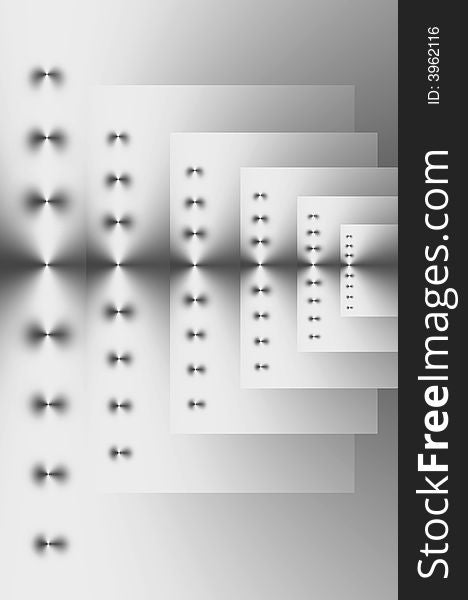 Abstract design in silver grey and white of six repeating rectangles of various sizes with points of light on a vertical axis. Abstract design in silver grey and white of six repeating rectangles of various sizes with points of light on a vertical axis.