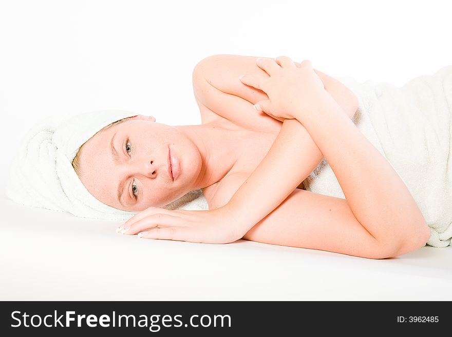 Studio portrait of a spa girl resting. Studio portrait of a spa girl resting