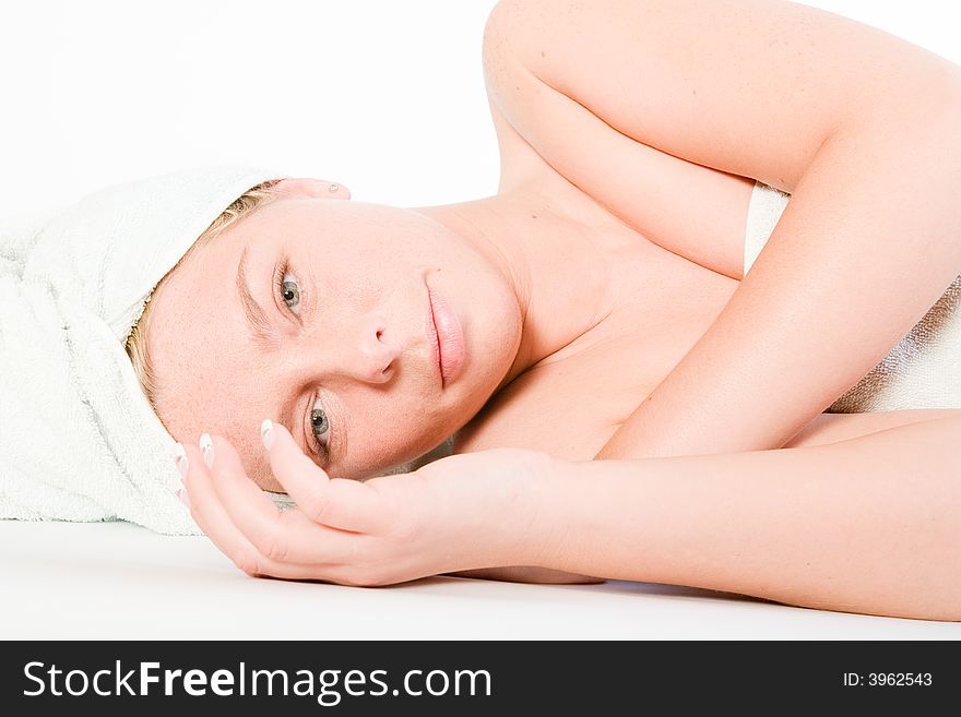 Studio portrait of a spa girl looking. Studio portrait of a spa girl looking